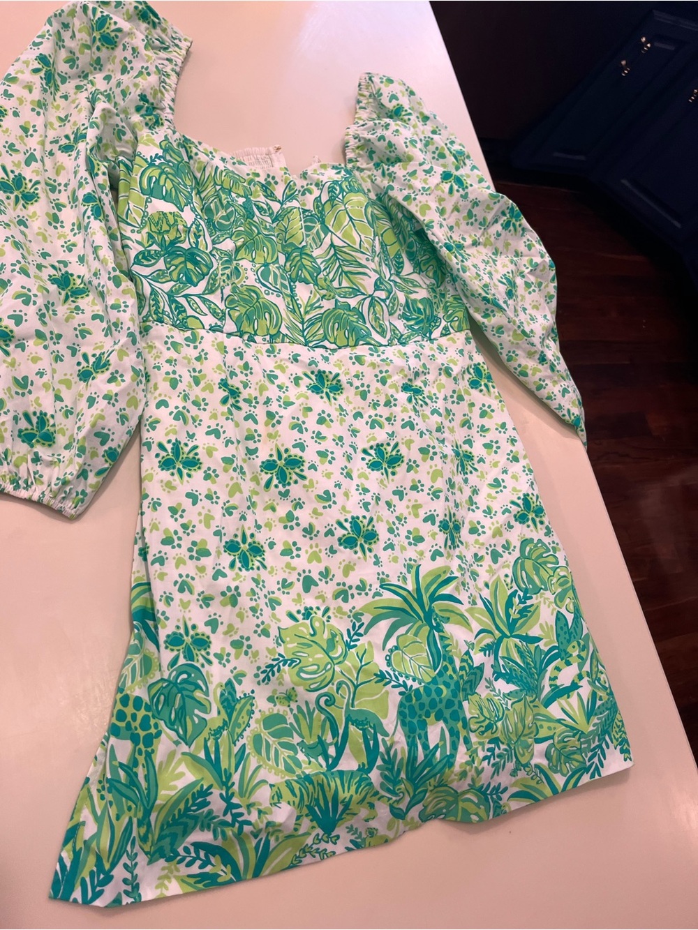 Lilly Pulitzer Green and White Floral Puff-Sleeve Mini Dress